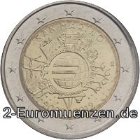 2 Euromünze aus San Marino mit dem Motiv 10 Jahre Euro Bargeld