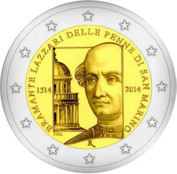2 Euromünze aus San Marino mit dem Motiv 500. Todestag von Bramante Lazzari delle Penne di San Marino

