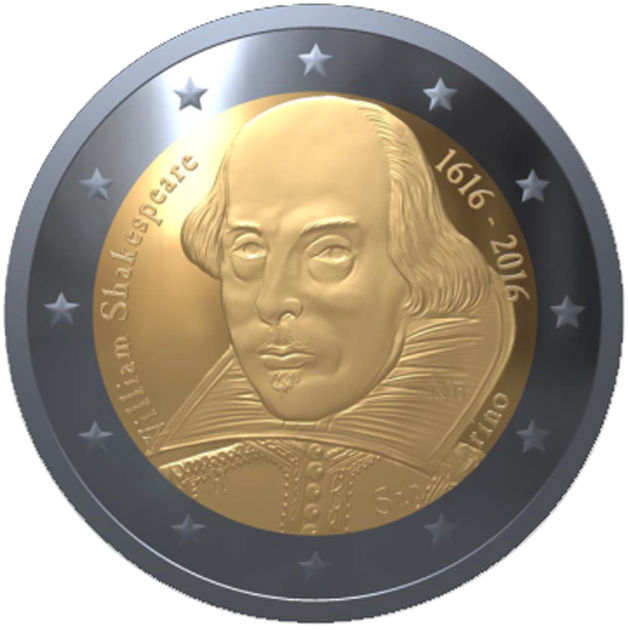 2 Euro Sondermünze aus San Marino aus 2016 mit dem Motiv 400. Todestag William Shakespeares