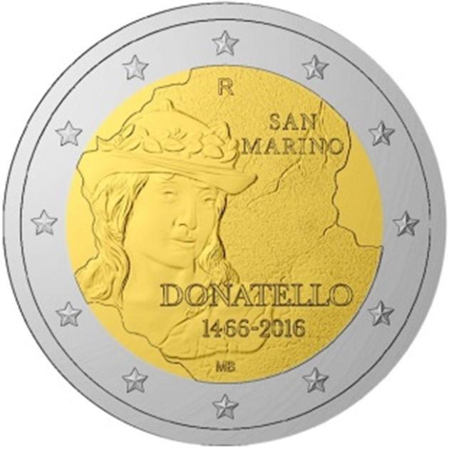 2 Euro Sondermünze aus San Marino mit dem Motiv 550. Todestag Donatellos