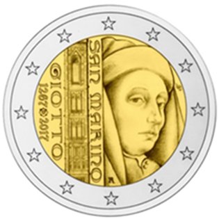 2 Euro Sondermünze aus San Marino mit dem Motiv 750. Jahrestag der Geburt von Giotto