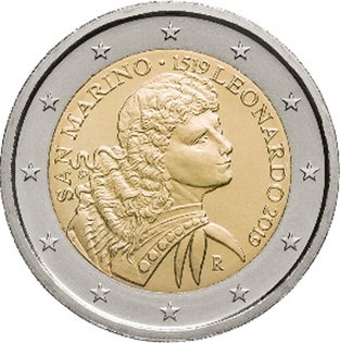 2 Euro Sondermünze aus San Marino uit 2019 mit dem Motiv 500. Todestag von Leonardo da Vinci