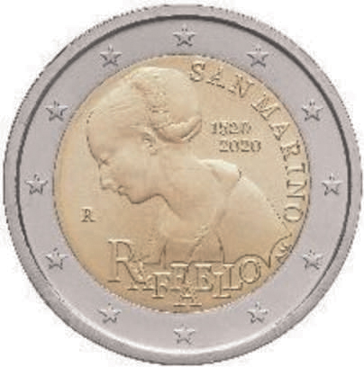 2 Euro Sondermünze aus San Marino aus 2020 mit dem Motiv 500. Todestag von Raffael
