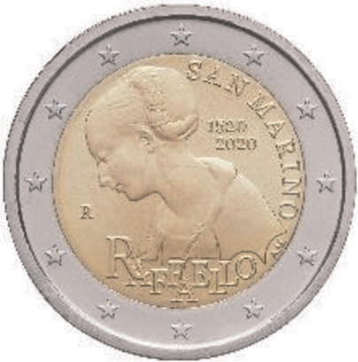2 Euro Sondermünze aus San Marino aus 2020 mit dem Motiv 500. Todestag von Raffael