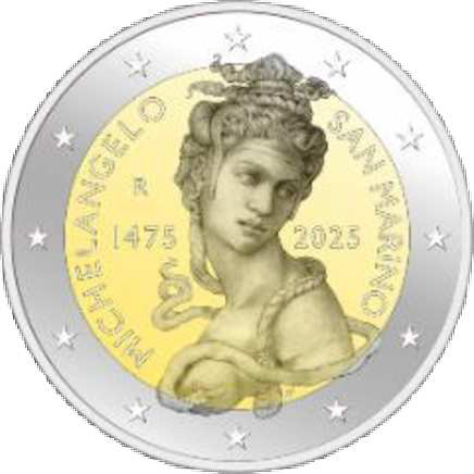 2 Euro Sonderm&uuml;nze aus San Marino aus 2025 mit dem Motiv 550. Geburtstag von Michelangelo