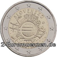 2 Euromünze aus der Slowakei mit dem Motiv 10 Jahre Euro Bargeld