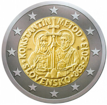 2 Euromünze aus der Slowakei mit dem Motiv 1150. Jahrestag der Ankunft der Mission von Konstantin und Method