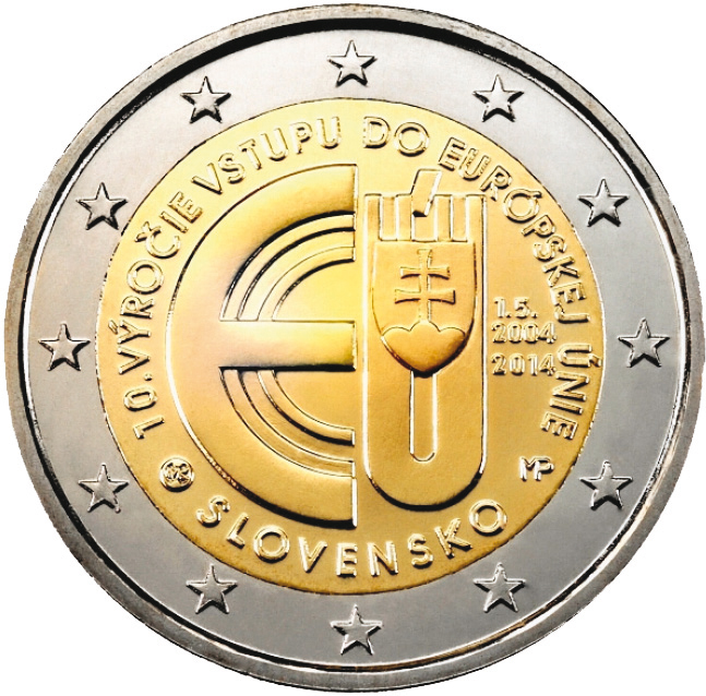 2 Euromünze aus der Slowakei mit dem Motiv 10. Jahrestag des EU-Beitritts