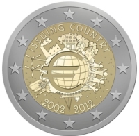 2 Euromünze aus Slowenien mit dem Motiv 10 Jahre Euro Bargeld