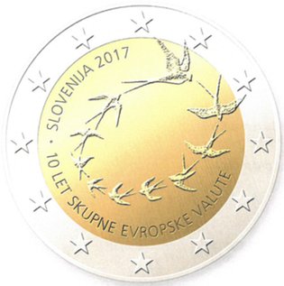 2 Euro Sondermünze aus Slowenien mit dem Motiv 10. Jahrestag der Einführung des Euro in Slowenien
