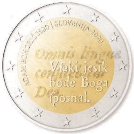 2 Euro Sondermünze aus Slowenien aus 2020 mit dem Motiv 500. Geburtstag von Adam Bohorič