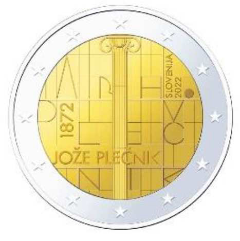 2 Euromünze aus Slowenien mit dem Motiv 150. Geburtstag des Architekten Joźe Plečnik