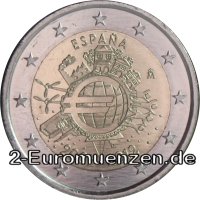 2 Euromünze aus Spanien mit dem Motiv 10 Jahre Euro Bargeld
