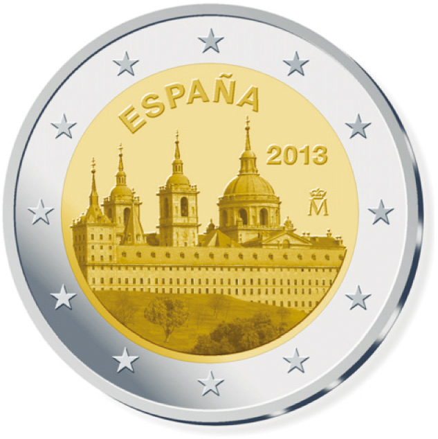 2 Euromünze aus Spanien mit dem Motiv Schloss und Kloster El Escorial