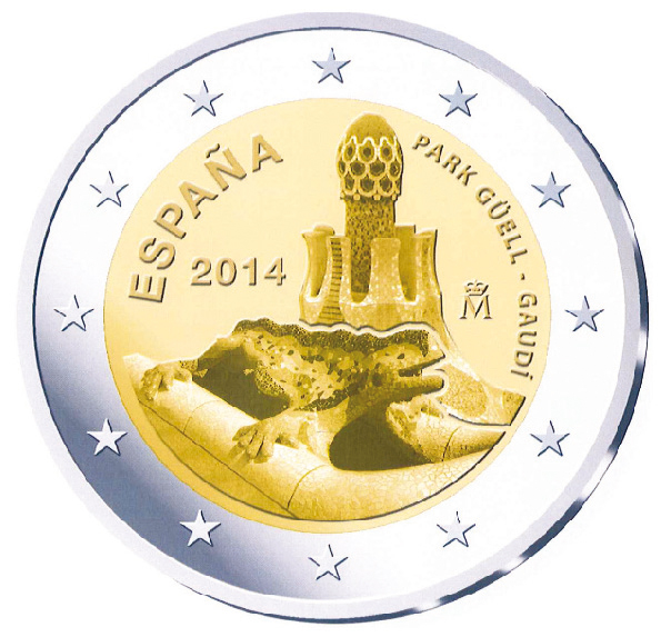 2 Euromünze aus Spanien mit dem Motiv Park Güell, Werk Antoni Gaudís