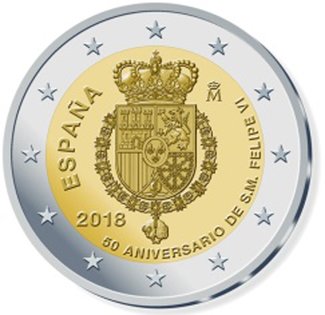 2 Euro Sondermünze aus Spanien mit dem Motiv 50. Geburtstag von König Felipe VI