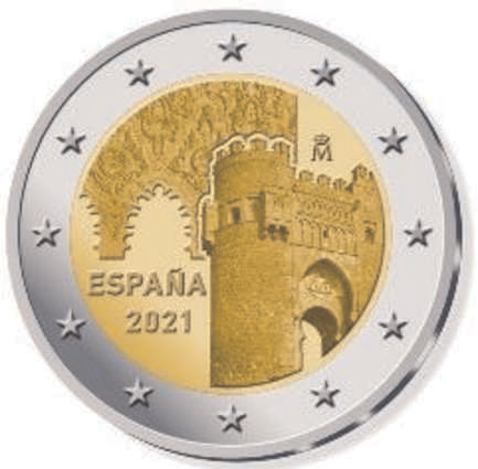 2 Euromünze aus Spanien mit dem Motiv Historische Innenstadt von Toledo