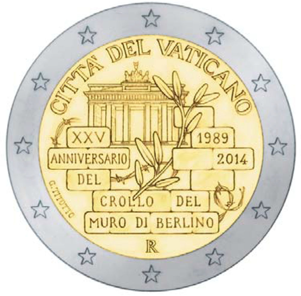 2 Euromünze aus dem Vatikan mit dem Motiv 25. Jahrestag des Falls der Berliner Mauer
