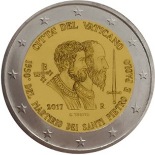 2 Euro Sondermünze aus Vatikan mit dem Motiv 1950. Jahrestag des Martyriums der Heiligen Petrus und Paulus