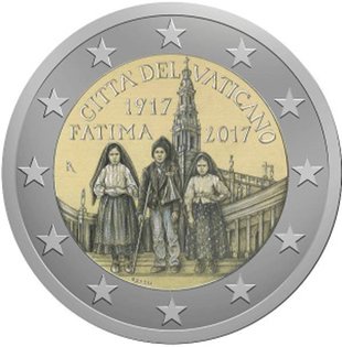 2 Euro Sondermünze aus Vatikan mit dem Motiv Hundertster Jahrestag der Erscheinungen von Fatima