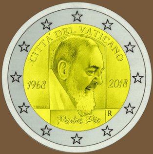 2 Euro Sondermünze aus Vatikan uit 2018 mit dem Motiv 50. Todestag Pater Pios