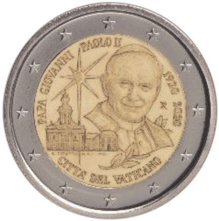 2 Euro Sondermünze aus dem Vatikan aus 2020 mit dem Motiv 100. Geburtstag von Papst Johannes Paul II