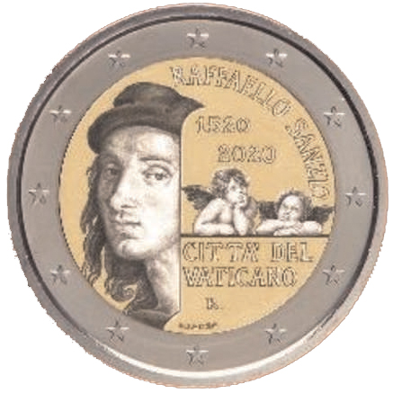 2 Euro Sondermünze aus dem Vatikan aus 2020 mit dem Motiv 500. Todestag von Raphael Sanzio